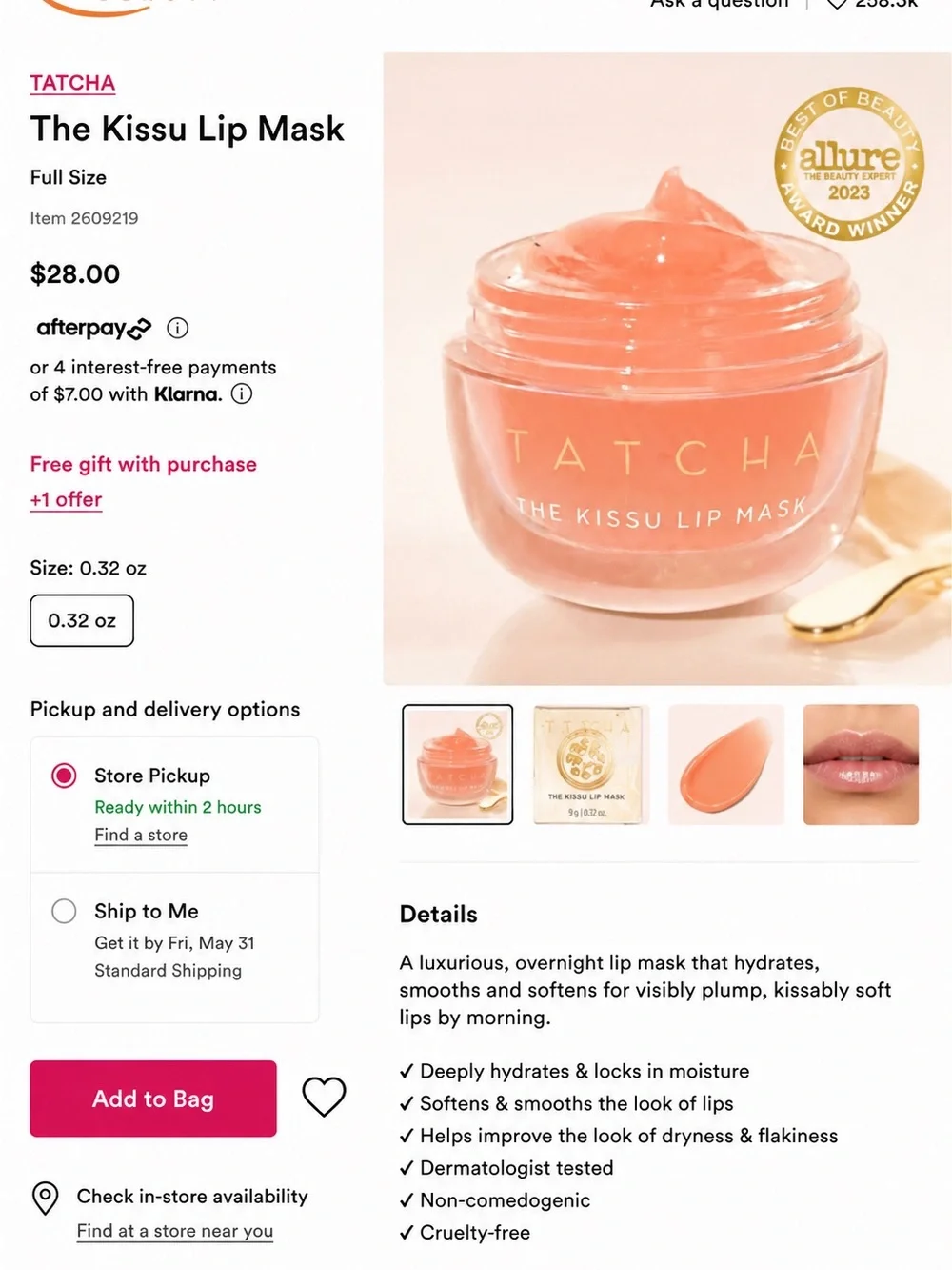 Tatcha The Kissu Lip Mask — Hydrating Overnight Lip Treatment (Peach) GLOSS